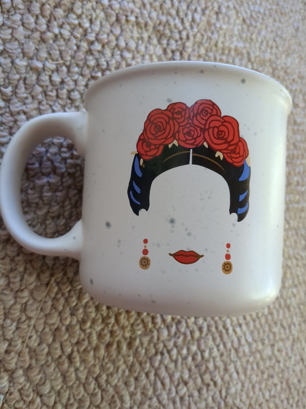 White Ceramic Mug with Red Floral Frida Kahlo-Inspired Design